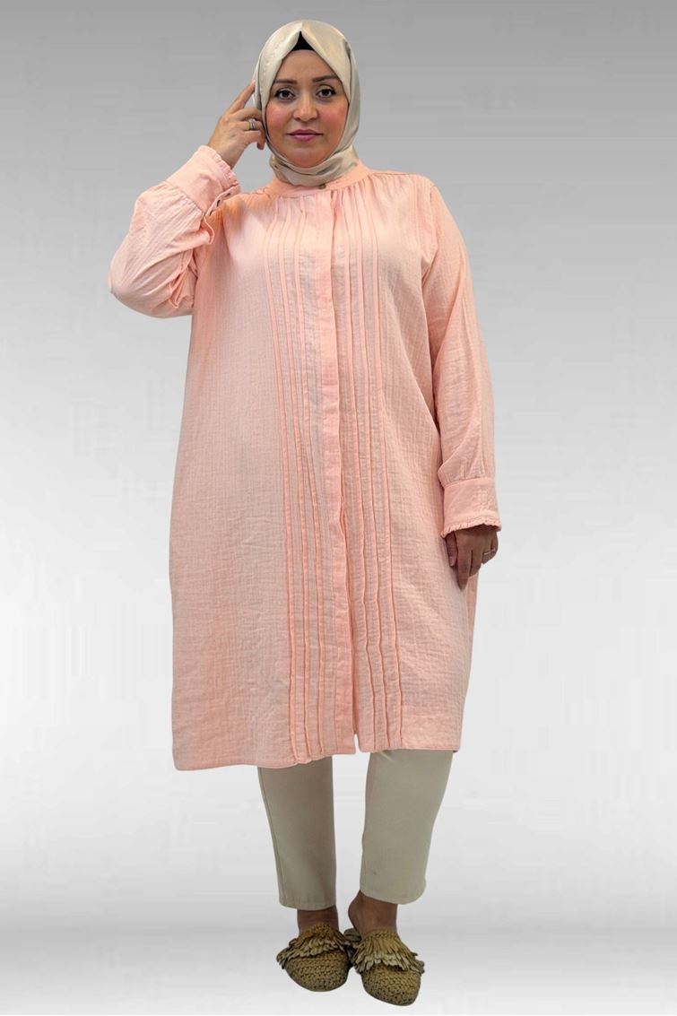 68022 Büyük Beden Boydan Pile Detaylı Müslin Gömlek - Toz Pembe