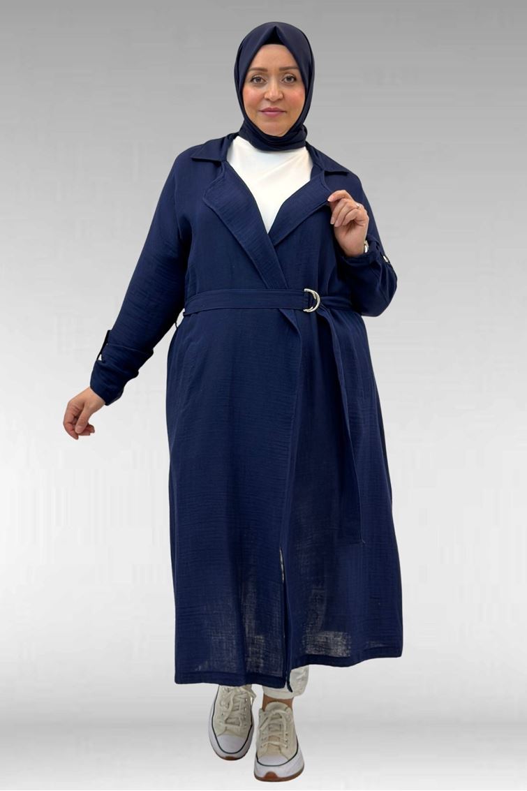 63006  Büyük Beden D Halka Detaylı Müslin Trençkot - Lacivert