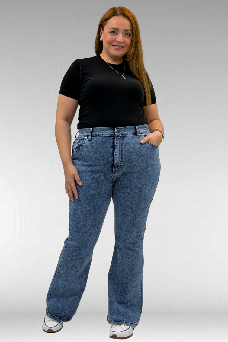 9110-11 Büyük Beden İspanyol Paça Kot Pantolon - Mavi