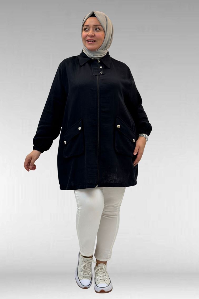 63001-E Büyük Beden Cep Ve Patı Çıtçıt Detaylı Müslin Ceket - Siyah