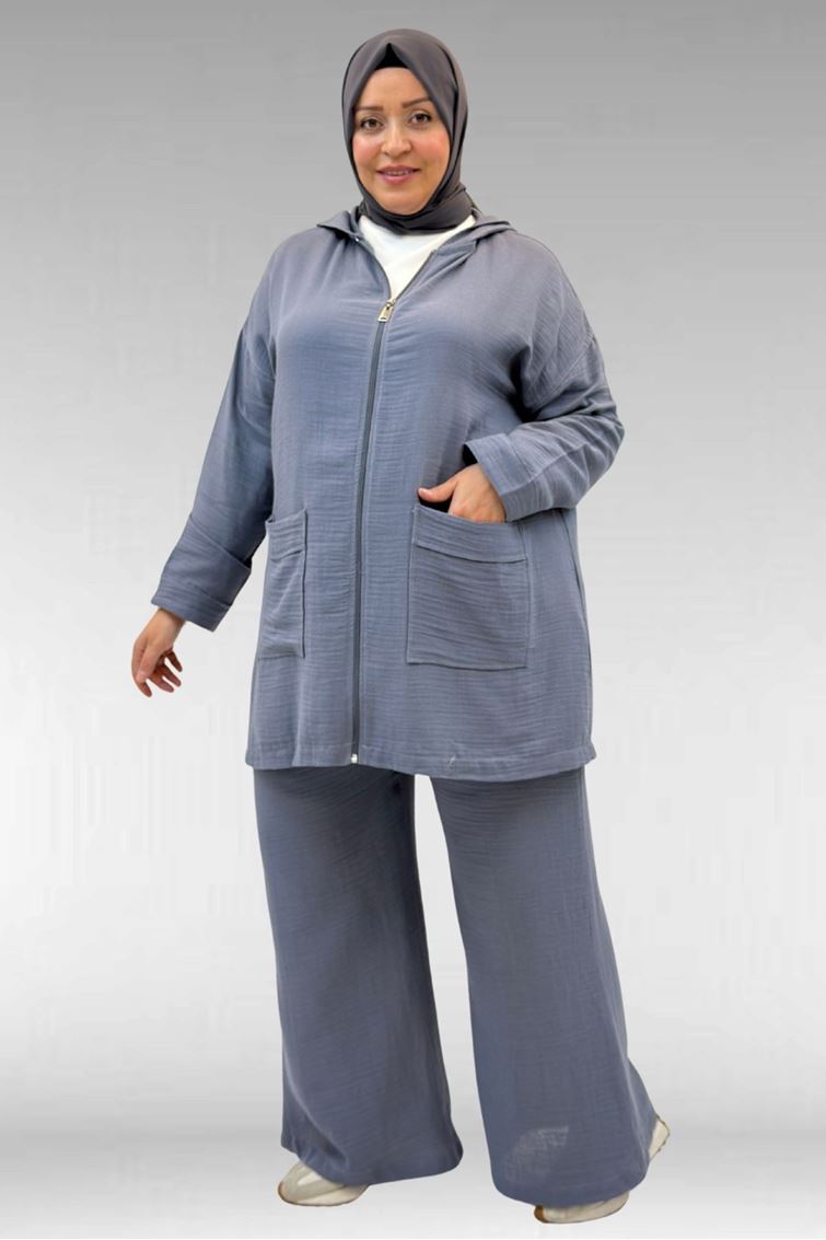 67035-E Büyük Beden Kapşonlu Fermuarlı Müslin Pantolonlu Takım - Antrasit