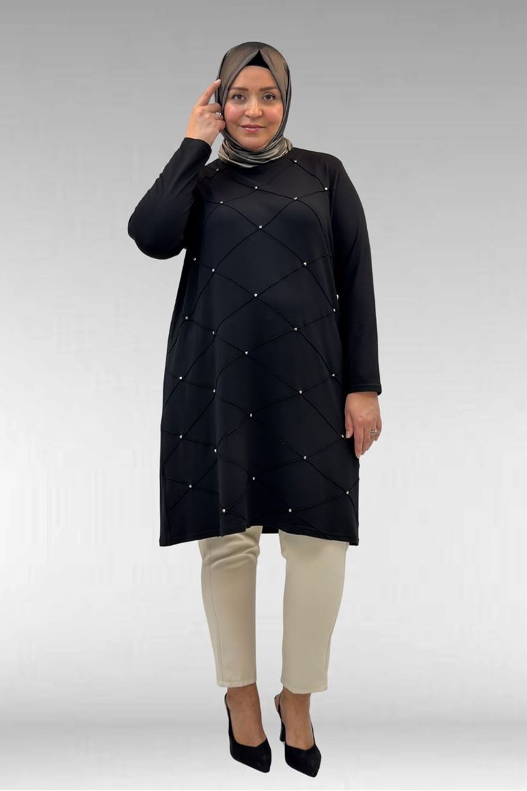 68004-E Büyük Beden Çıma Detaylı Penye Tunik - Siyah