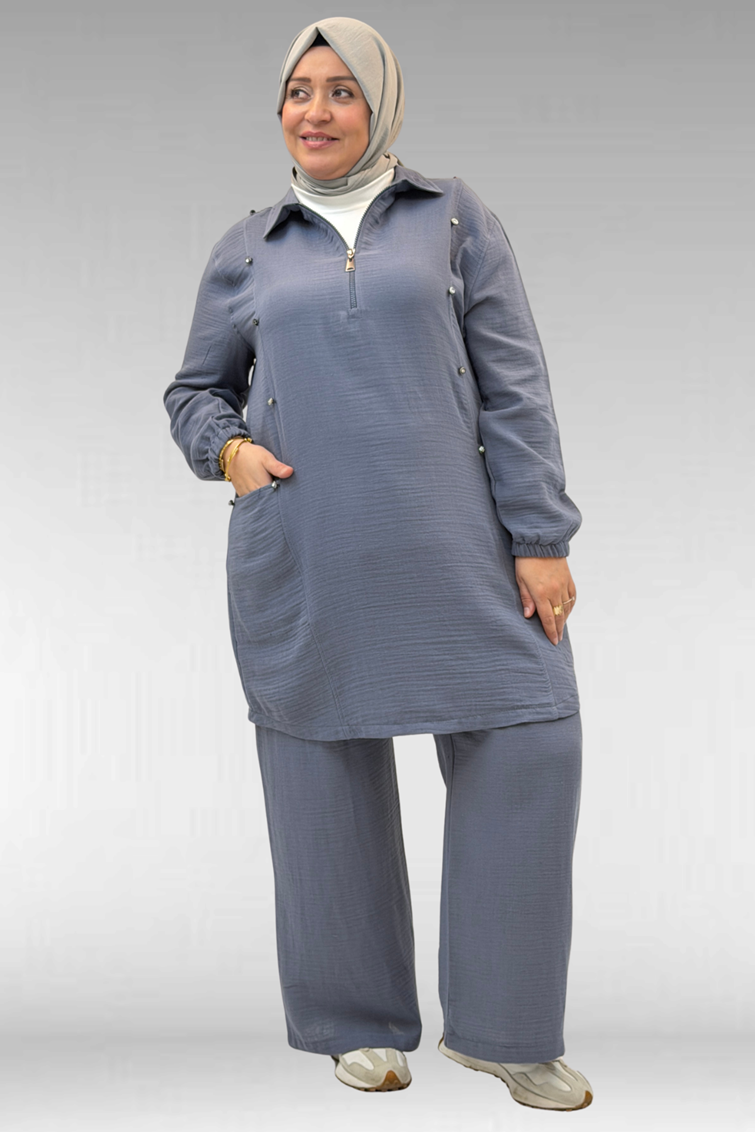 67020 Büyük Beden Yarım Fermuarlı Erkek Yakalı Müslin Pantolonlu Takım - Antrasit