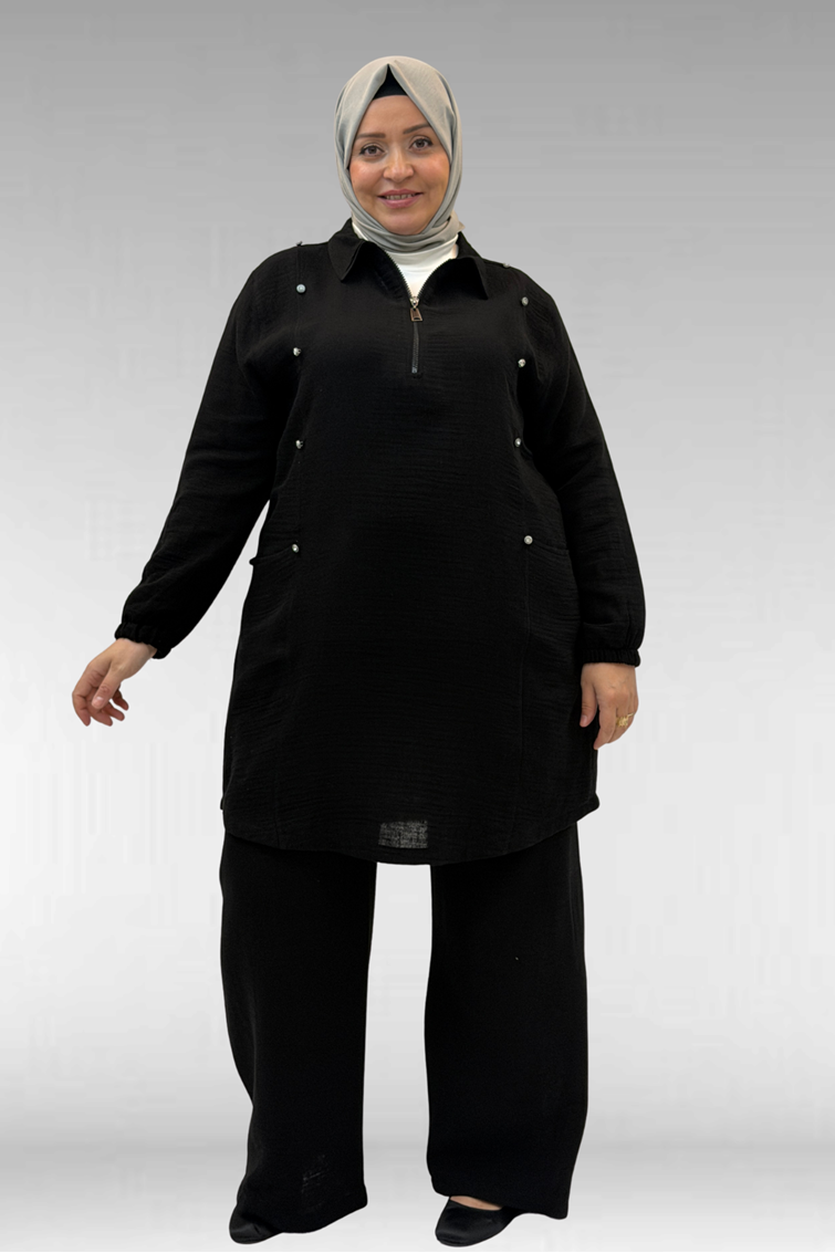 67020 Büyük Beden Yarım Fermuarlı Erkek Yakalı Müslin Pantolonlu Takım - Siyah