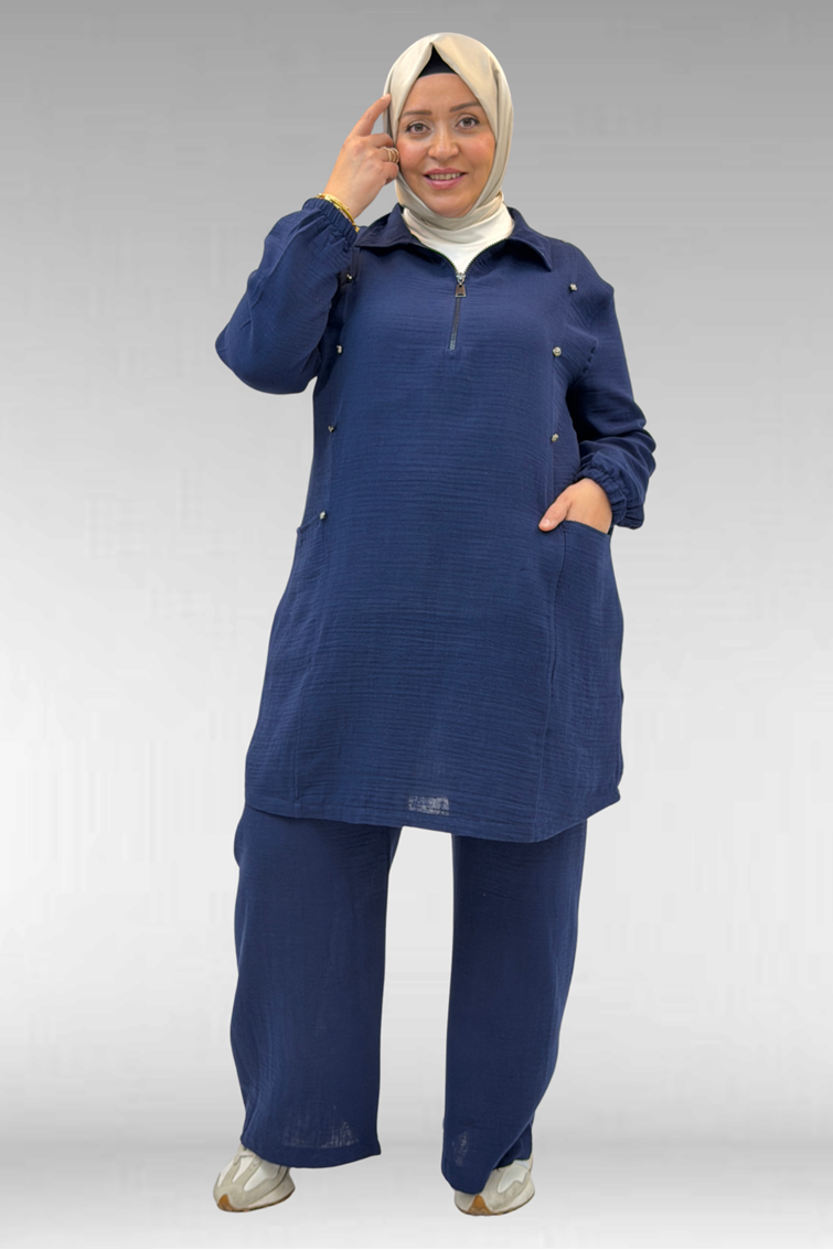 67020 Büyük Beden Yarım Fermuarlı Erkek Yakalı Müslin Pantolonlu Takım - Lacivert