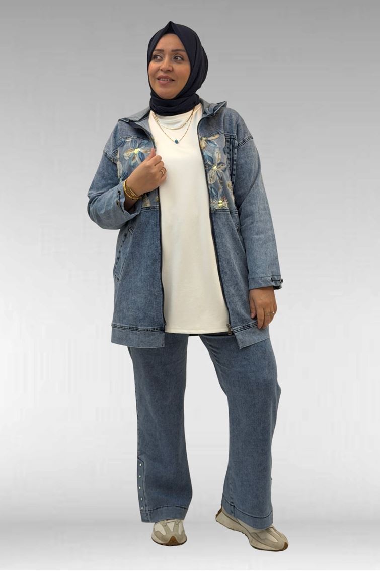 53068 Büyük Beden Bebe Lastik Detaylı Kot Ceket - Mavi