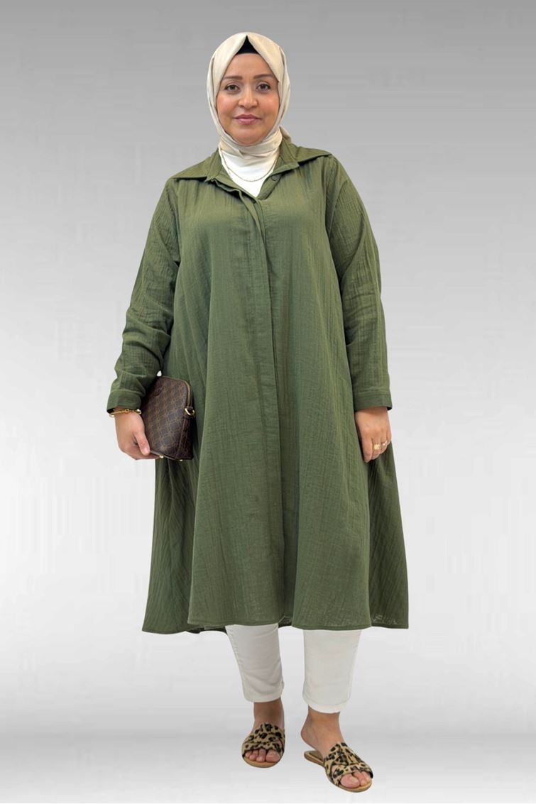 58093 Büyük Beden Mevlana Kesim Müslin Gömlek - Haki