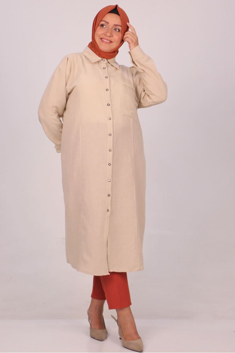 38099 Büyük Beden Cep Detaylı Keten Airobin Gömlek - Taş