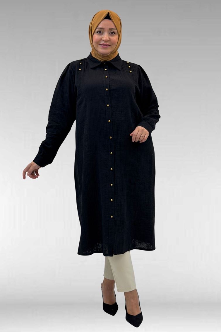 68021 Büyük Beden Düğme Detaylı Müslin Gömlek - Siyah