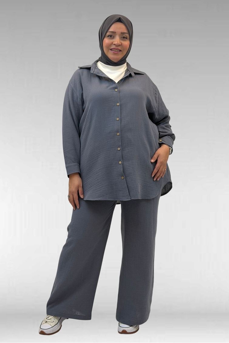 67038 Büyük Beden Erkek Yakalı Müslin Pantolonlu Takım - Antrasit