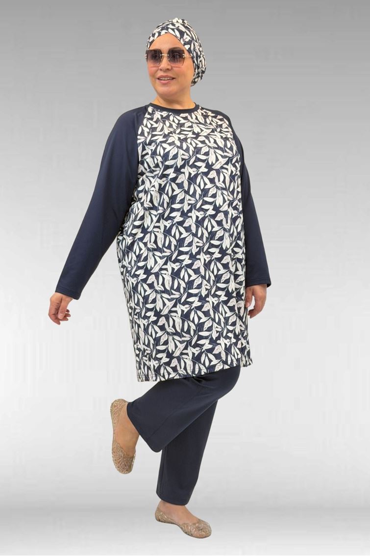 1742 Büyük Beden Uzunkol Tesettür Mayo Takım - Yaprak Desen Ekru