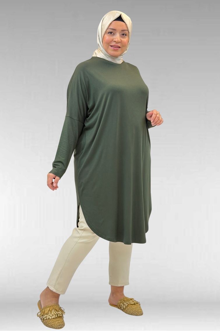 38110  Büyük Beden Düşük Kol Penye Tunik - Haki