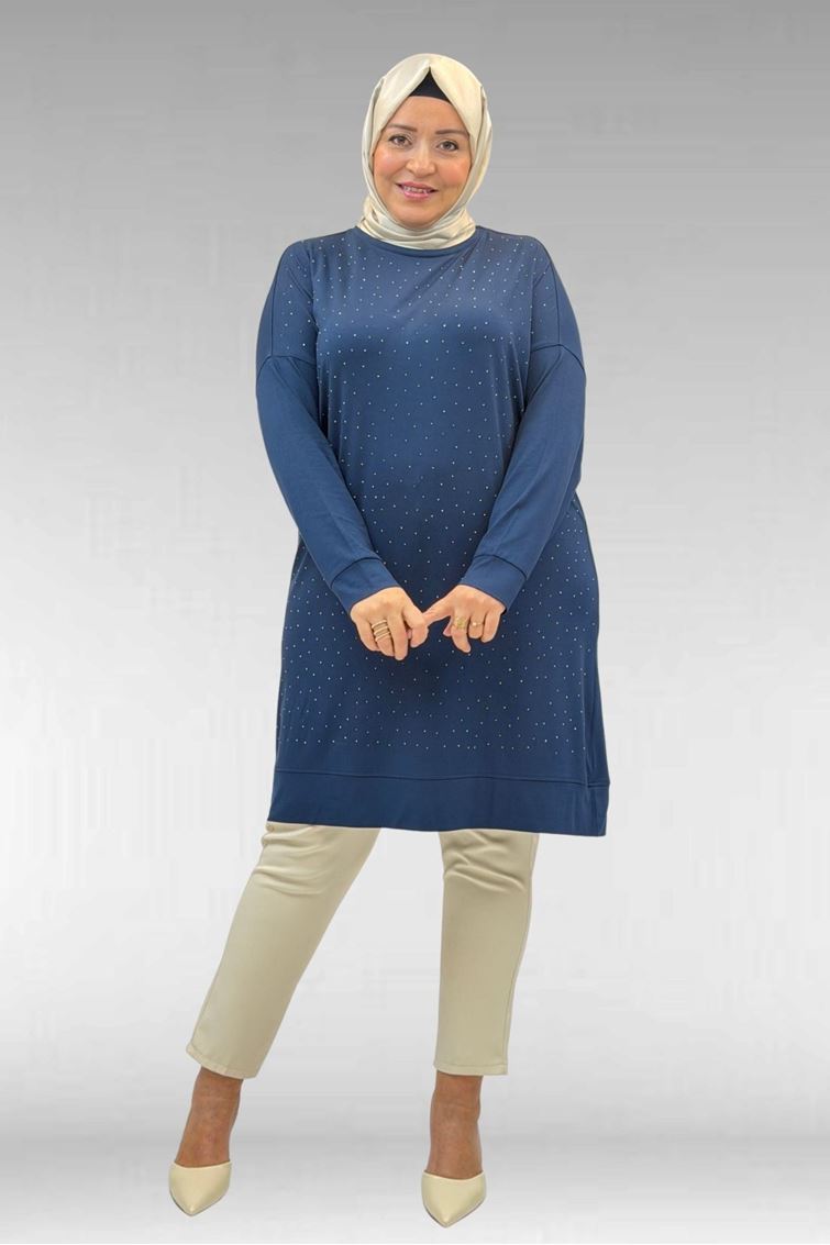 68001 Büyük Beden Önü Taş Baskı Detaylı Penye Tunik - Petrol