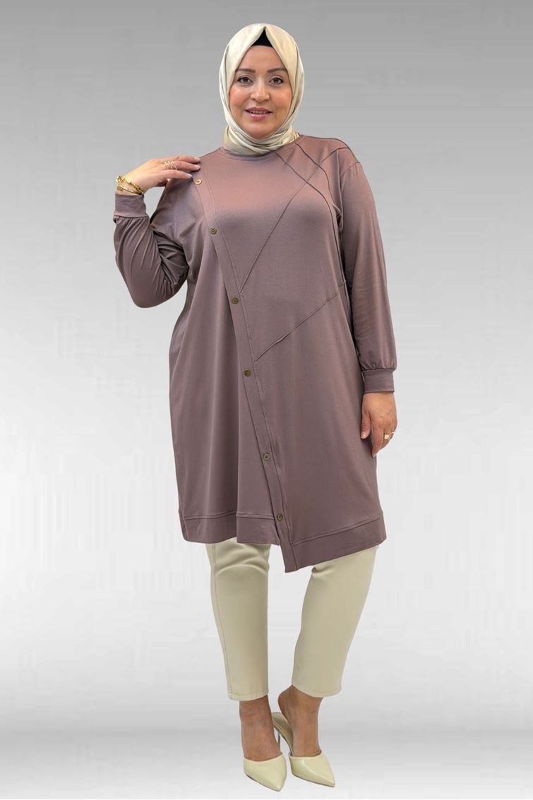 68006 Büyük Beden Pat Üzeri Düğme Detaylı Penye Tunik - Vizon