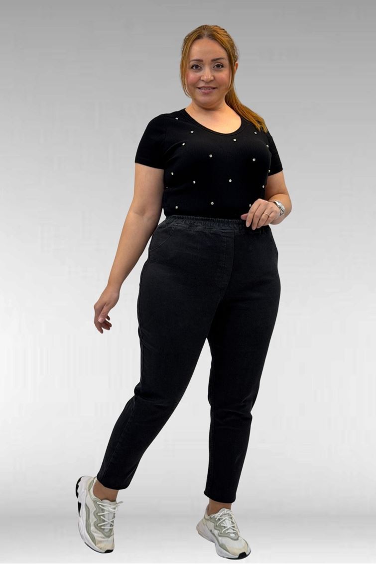 69002 Büyük Beden Beli Lastikli Darpaça Uzun Kot Pantolon - Siyah