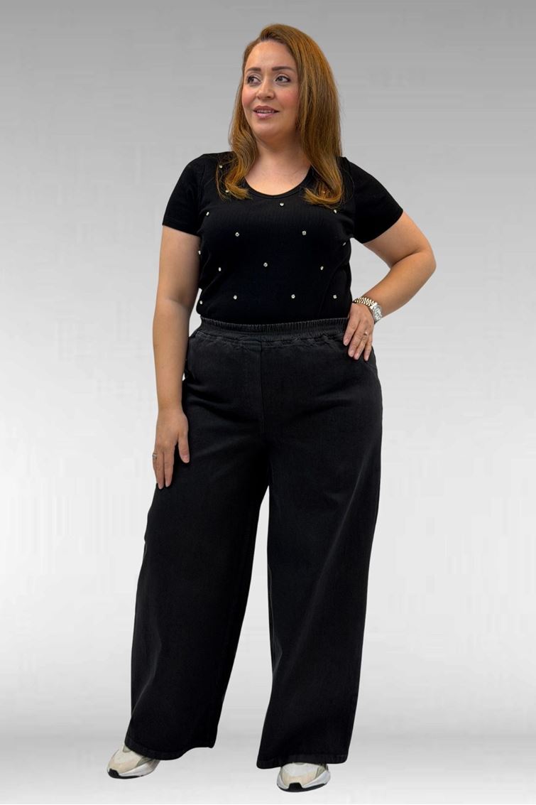 69003 Büyük Beden Beli Lastikli Bolpaça Kot Pantolon - Siyah