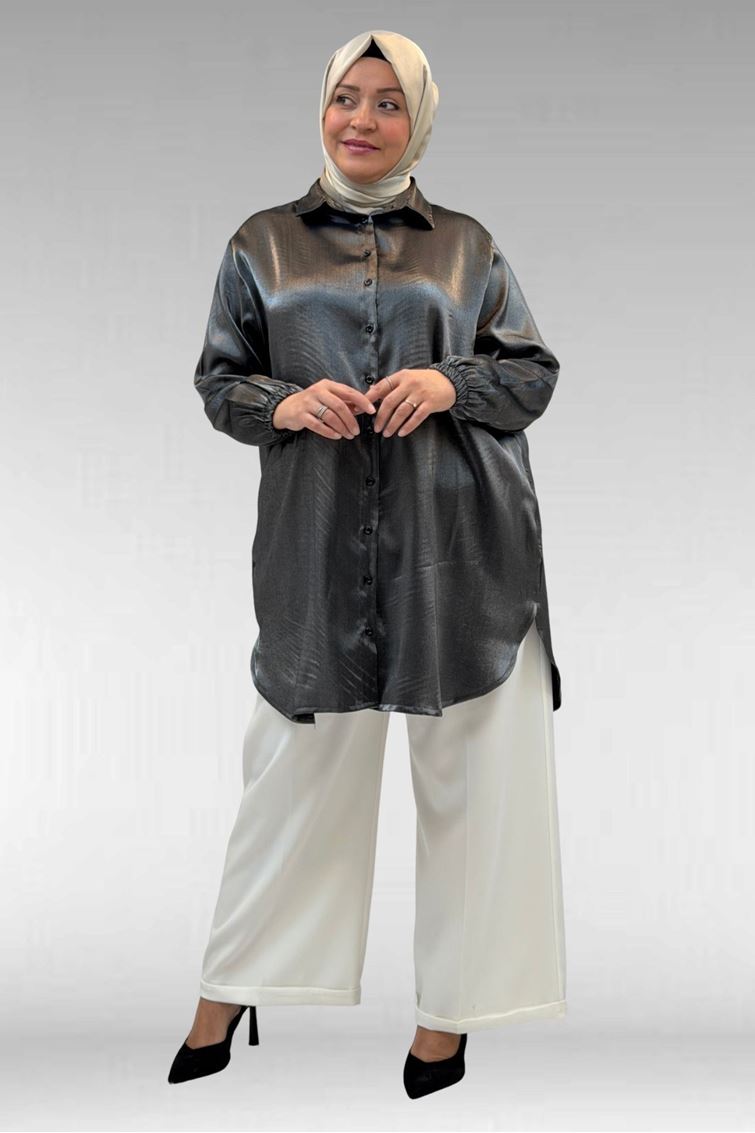 58085-1 Büyük Beden Kolları Lastikli Star Gömlek - Siyah