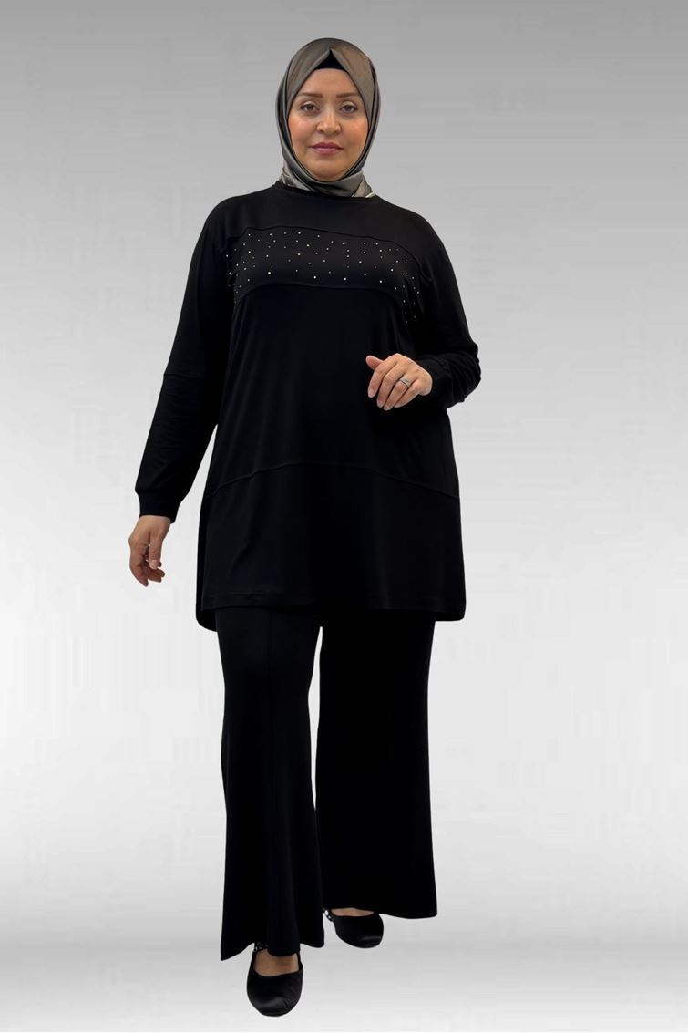 67021-E Büyük Beden Taş Baskı Detaylı Parçalı Pantolonlu Takım - Siyah