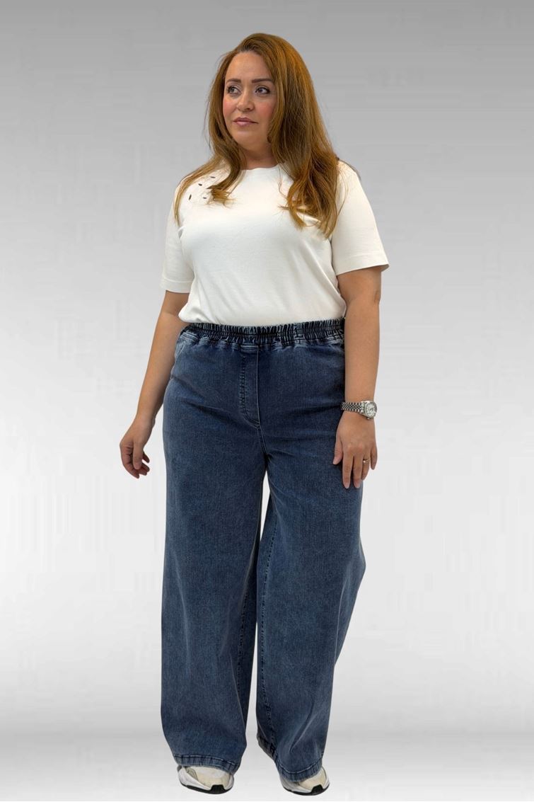 69003-E Büyük Beden Beli Lastikli Bolpaça Kot Pantolon - Koyu Mavi