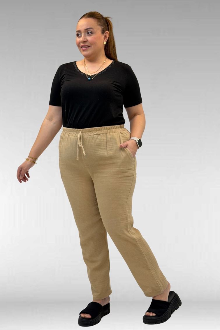 59020 Büyük Beden Beli Lastikli Müslin Dar Paça Pantolon - Vizon