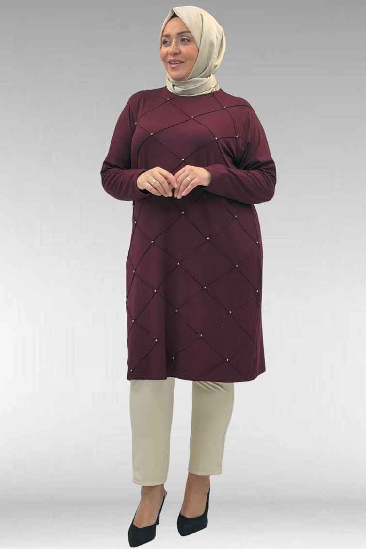68004 Büyük Beden Çıma Detaylı Penye Tunik - Bordo