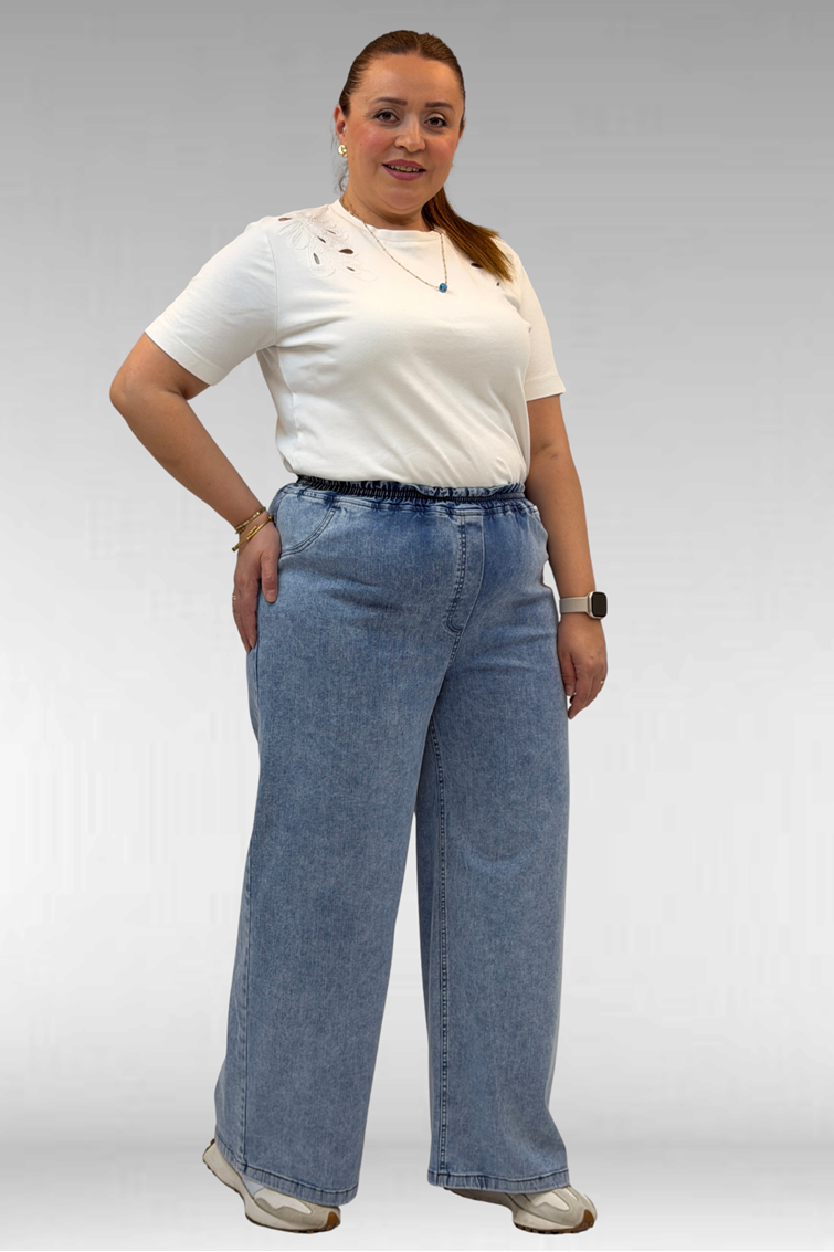 69003 Büyük Beden Beli Lastikli Bolpaça Kot Pantolon - Kar Yıkama Mavi