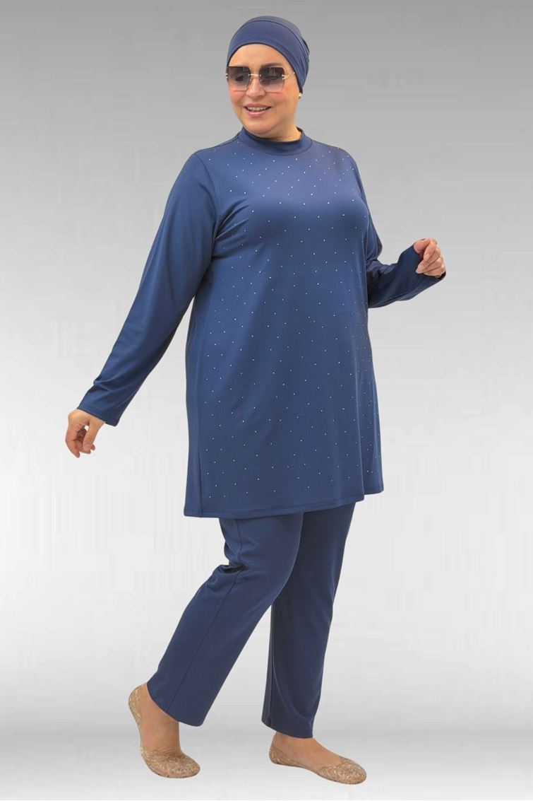 1739 Büyük Beden Önü Taş Baskılı Uzunkol Tesettür Mayo - İndigo