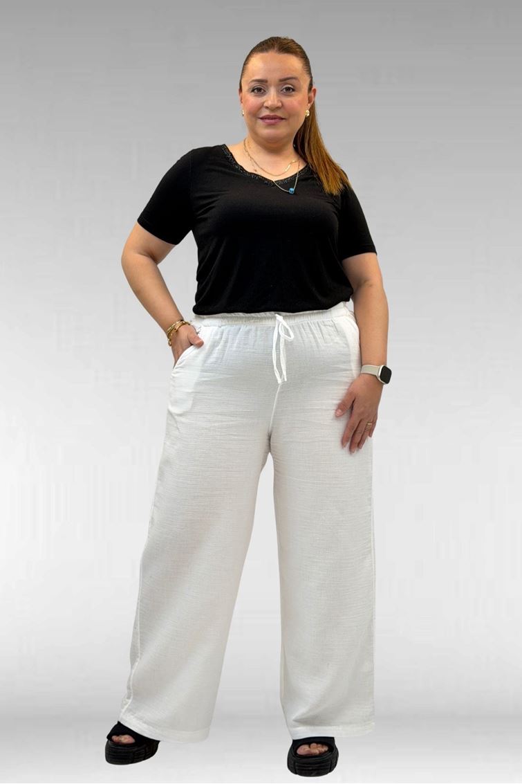 59021 Büyük Beden Beli Lastikli Müslin Bol Paça Pantolon - Ekru
