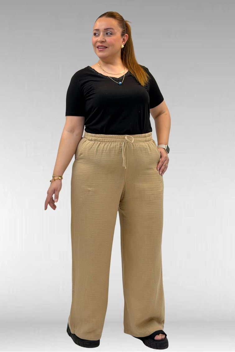 59021 Büyük Beden Beli Lastikli Müslin Bol Paça Pantolon - Vizon
