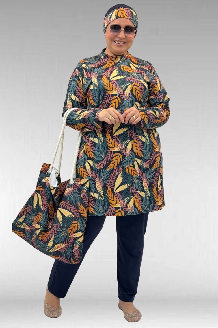 1727 Büyük Beden Uzunkol Tesettür Mayo Takım - Yaprak Desen Hardal-Laci