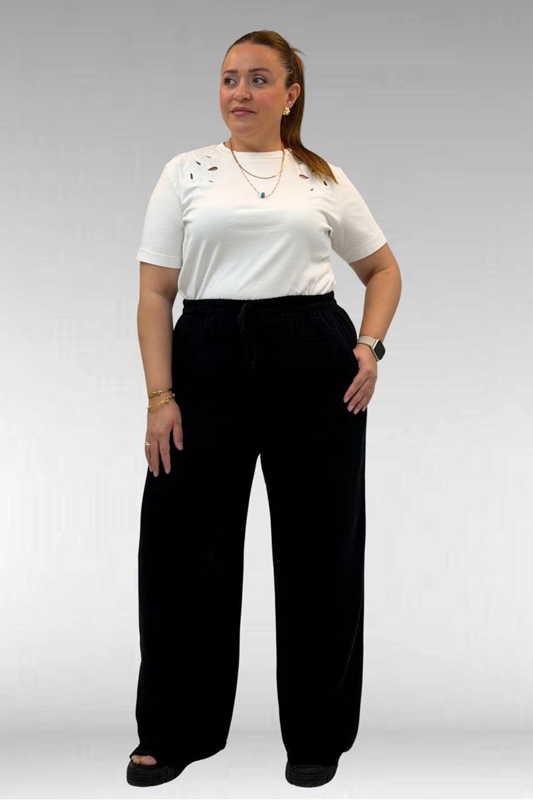 59021 Büyük Beden Beli Lastikli Müslin Bol Paça Pantolon - Siyah