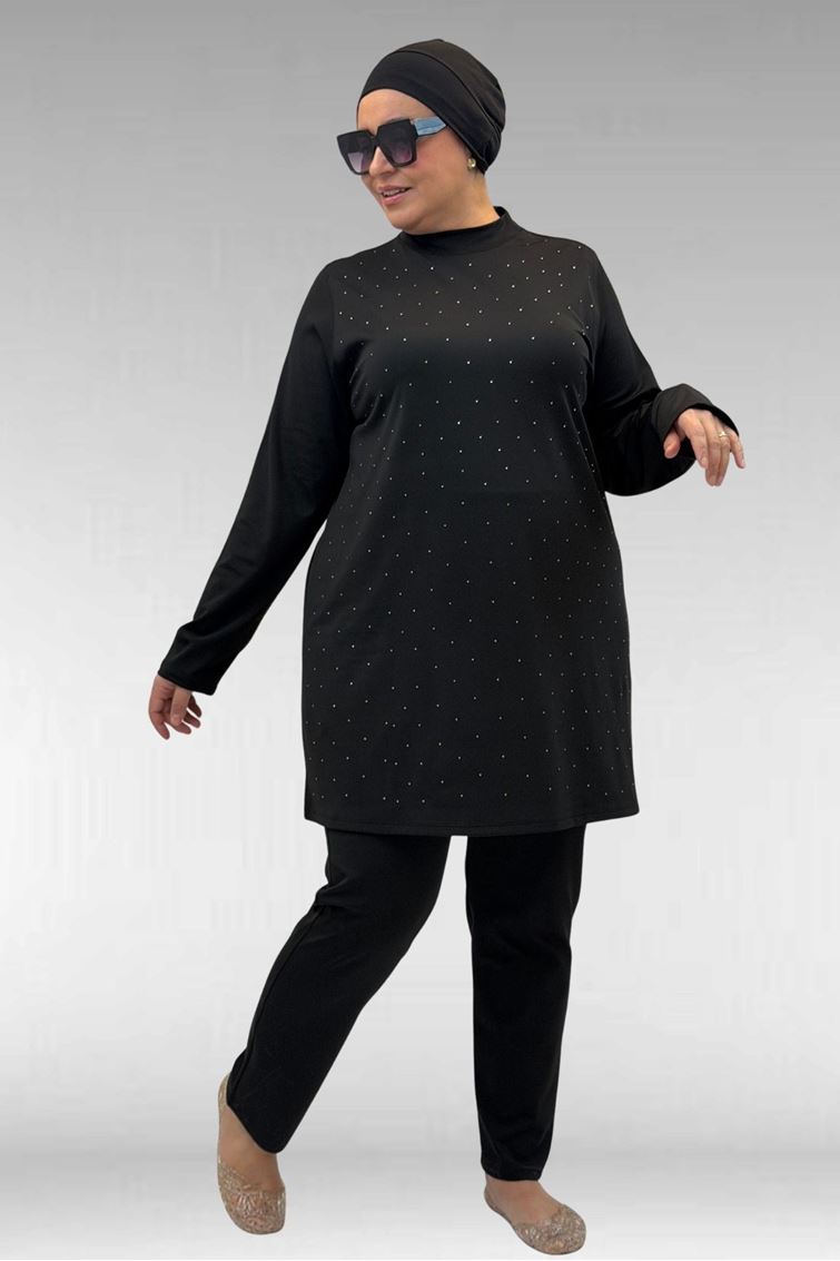 1739 Büyük Beden Önü Taş Baskılı Uzunkol Tesettür Mayo - Siyah