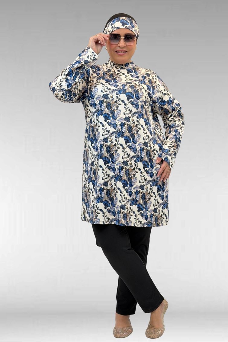 1727 Büyük Beden Uzunkol Tesettür Mayo Takım - Yaprak Desen Mavi-Siyah