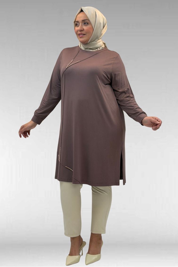 68005 Büyük Beden İnci Çakma Detaylı Penye Tunik - Vizon