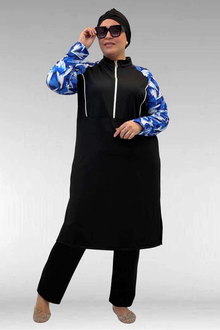 1733 Büyük Beden Fermuarlı Tesettür Mayo - Fırça Desen Saks-Siyah