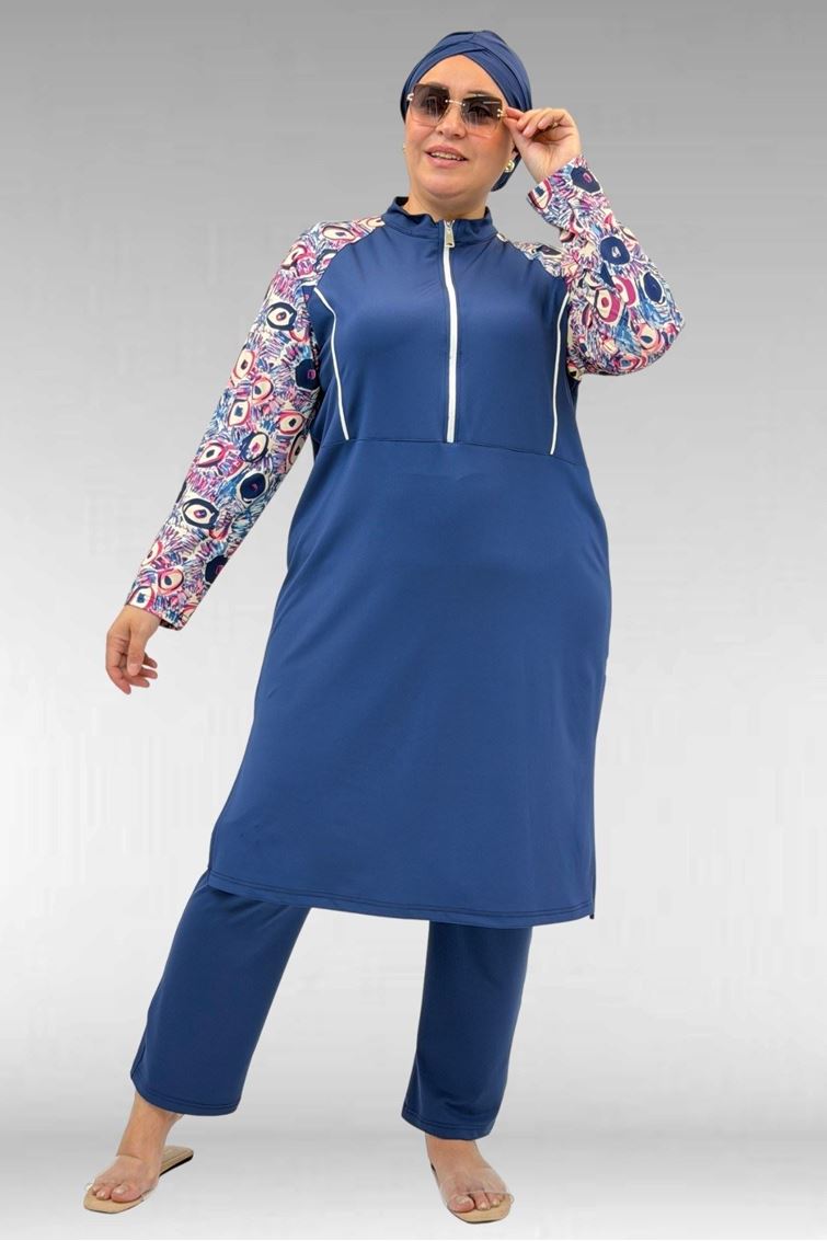 1733 Büyük Beden Fermuarlı Tesettür Mayo - Göz Desen İndigo-İndigo