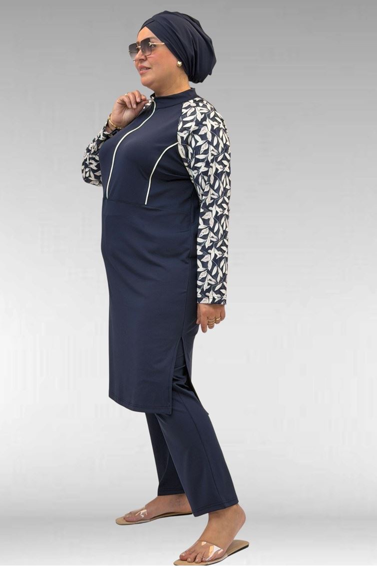 1733 Büyük Beden Fermuarlı Tesettür Mayo - Yaprak Desen Ekru-Laci