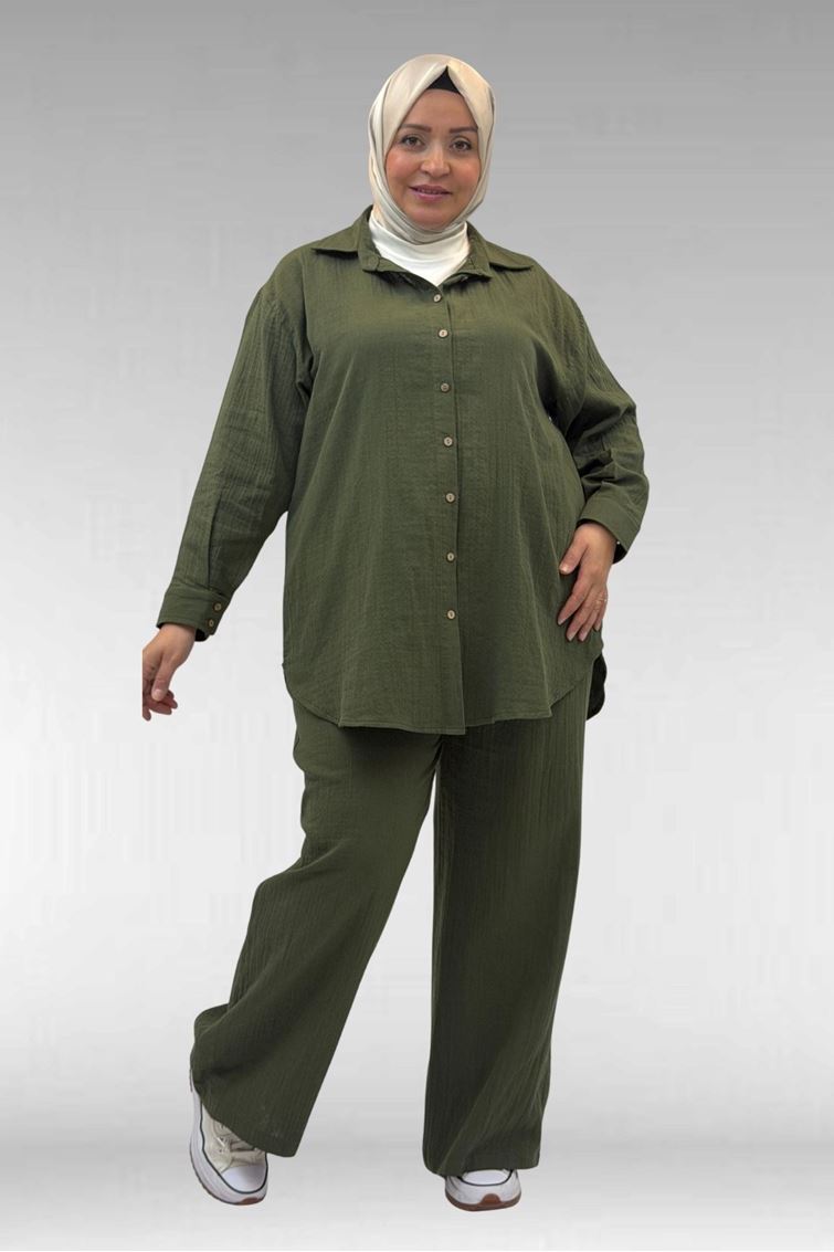 67038-E Büyük Beden Erkek Yakalı Müslin Pantolonlu Takım - Haki