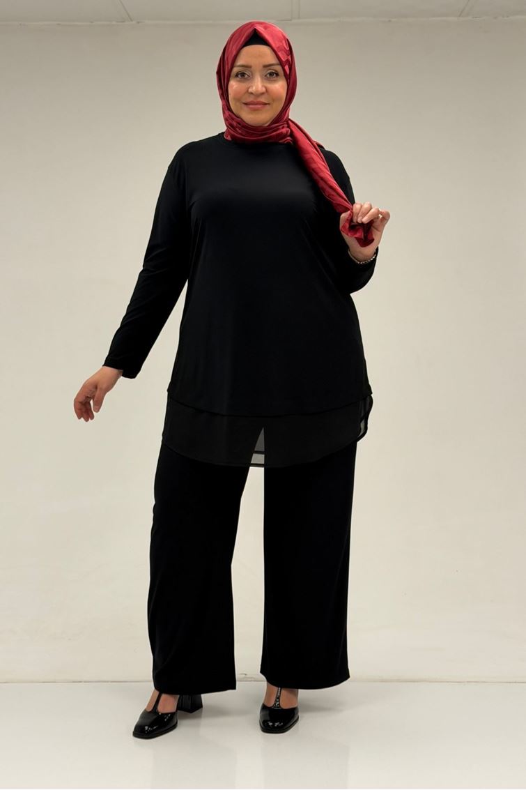 67009-E Büyük Beden Etek Ucu Şifon Detaylı Sandy Pantolonlu Takım - Siyah