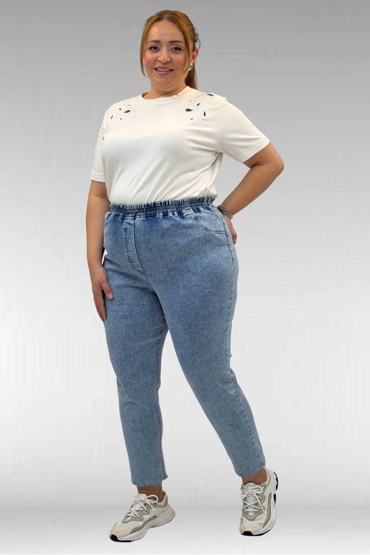 69002-E Büyük Beden Beli Lastikli Darpaça Uzun Kot Pantolon - Kar Yıkama Mavi