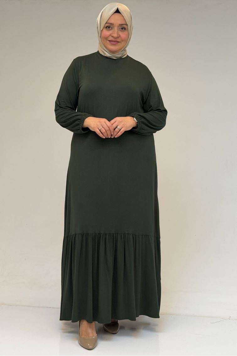 52034-E Büyük Beden Eteği Fırfrılı Penye Elbise - Haki