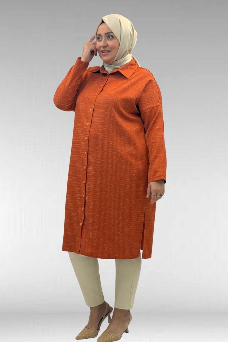 68018 Büyük Beden Düşük Kol Gömlek - Kiremit