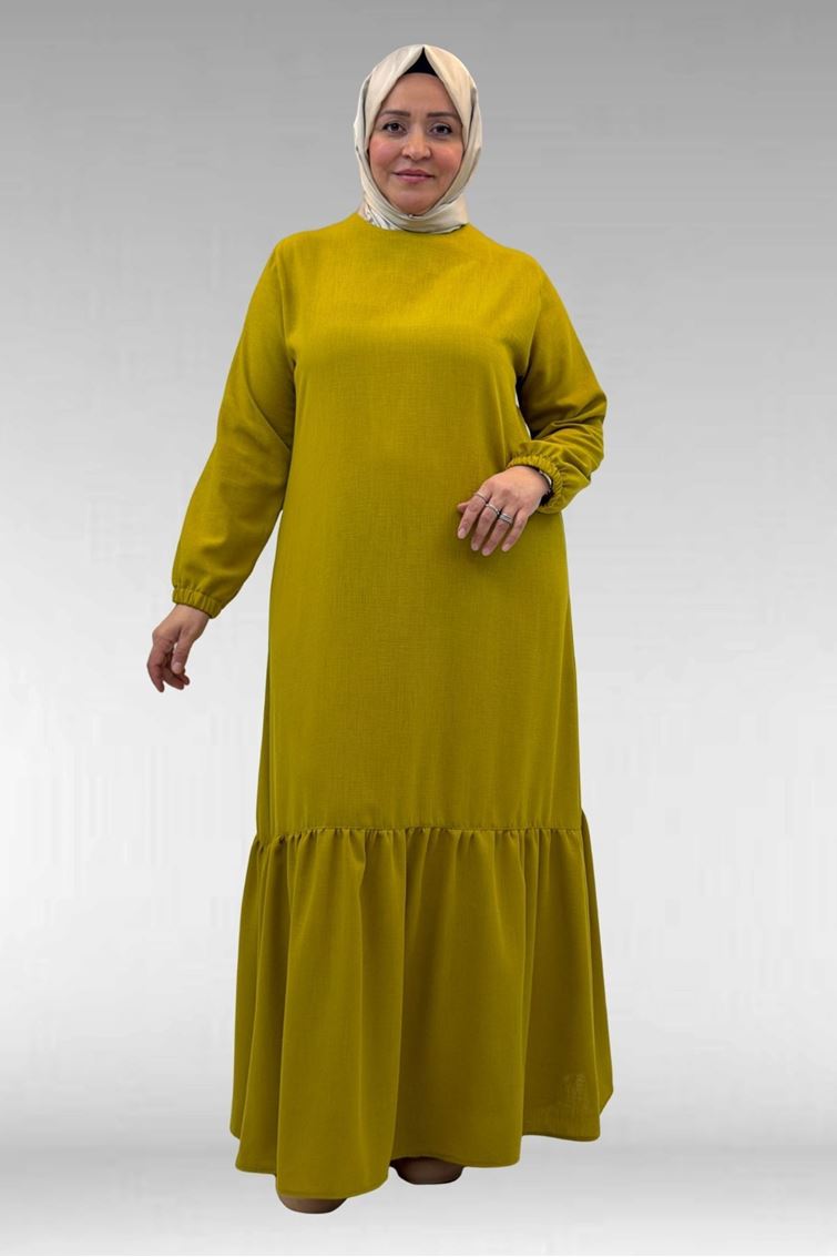42027 Büyük Beden Eteği Büzgülü  Keten Elbise - Yağ Yeşili