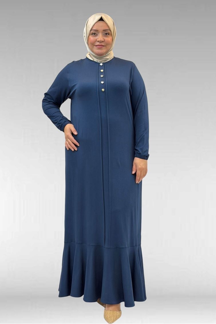 62006 Büyük Beden Önü Çıma Detaylı Penye Elbise - Petrol