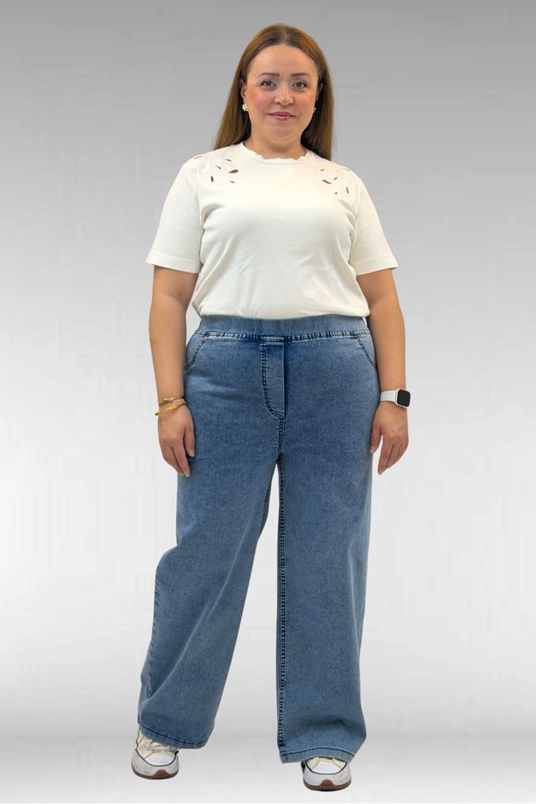 9182-10 Büyük Beden Bolpaça Beli Lastikli Kot Pantolon - Kar Yıkama Mavi