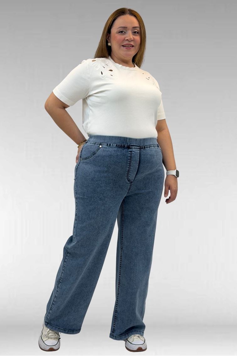 9182-10 Büyük Beden Bolpaça Beli Lastikli Kot Pantolon - Kar Yıkama Lacivert