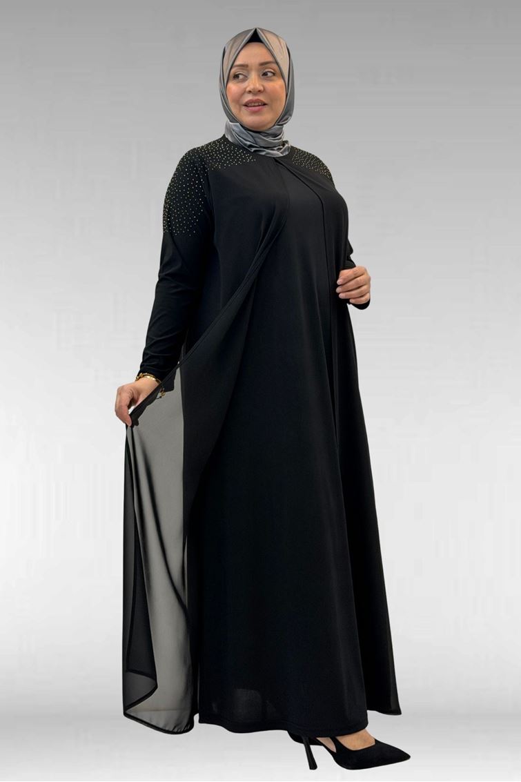 42003 Büyük Beden Taş Detaylı Sandy-Şifon Elbise - Siyah