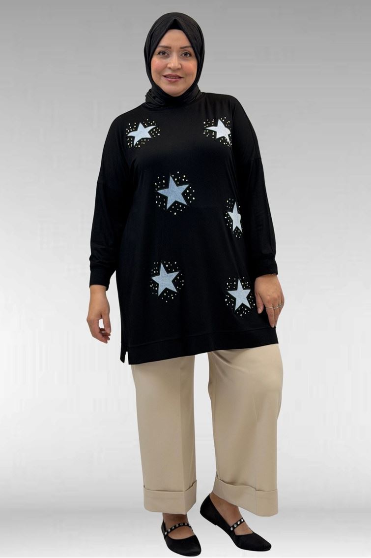 58013 Büyük Beden Önü Yıldız Ve Taş Detaylı Penye Tunik - Siyah