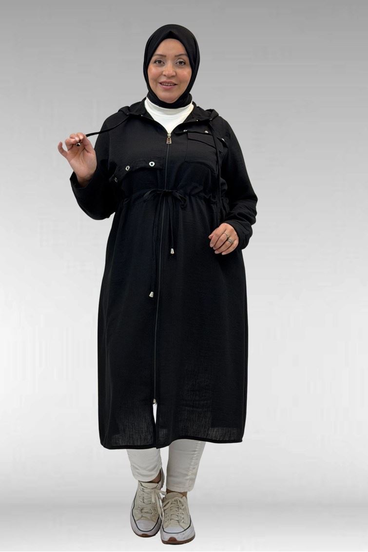 63008 Büyük Beden Kuşgözü Detaylı Keten Kap - Siyah