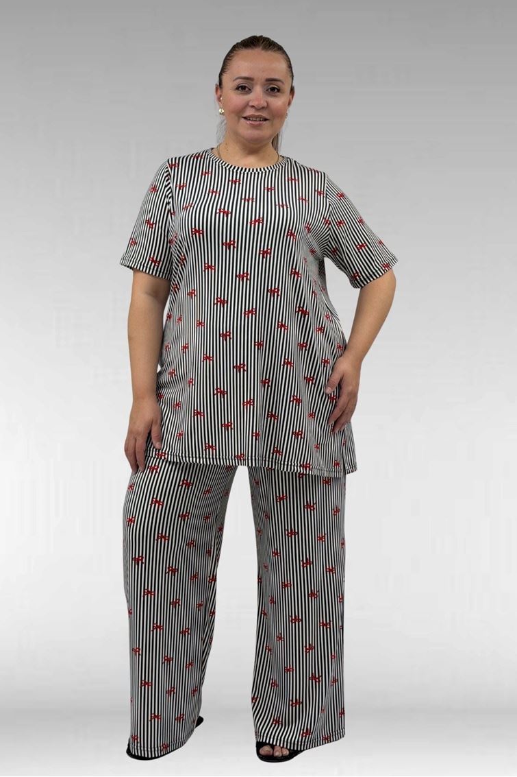 67801 Büyük Beden Kısakol Desenli  Pijama Takımı - Kırmızı Kurdele Desenli